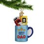 Best Dad Mug Glass Christmas Ornament with tools in cup hanging by a gold swirl hook