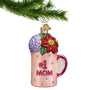 #1 Mom Coffee Mug Glass Ornament filled with flowers hanging from a gold swirl hook