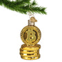 Glass Christmas Ornament that looks like a stack of Gold Bitcoin
