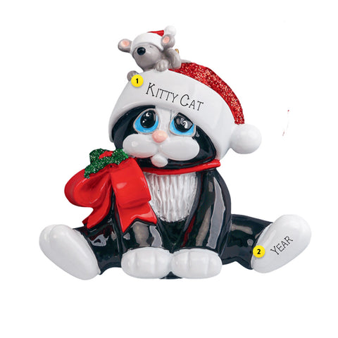 Personalized Cat with Santa Hat Ornament - Black & White