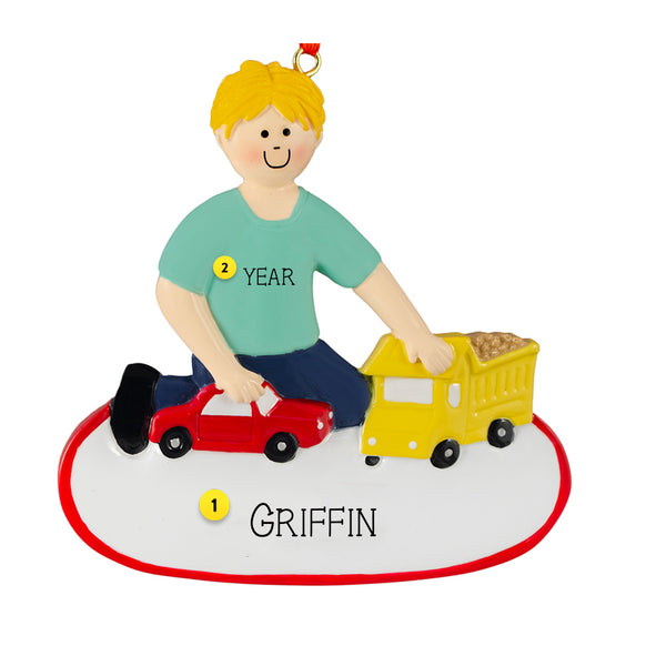 Blonde Hair Boy Playing with a Car and Truck Christmas Tree Ornament