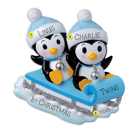 Blue Twin Penguins Sledding Ornament