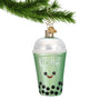 Bubble Tea Glass Christmas Ornament hanging from a gold hook with word Boba on front with smiley face