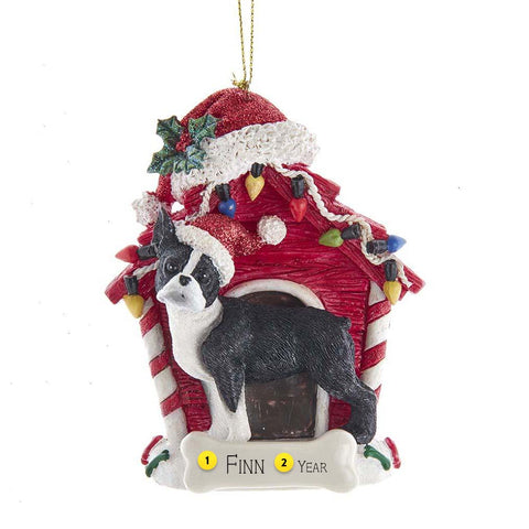 Boston Terrier in Dog House Christmas Tree Ornament