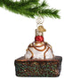 Brownie with ice cream and cherry on top glass ornament hanging by a gold swirl hook
