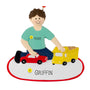 Brown Hair Boy Playing with a Car and Truck Christmas Tree Ornament