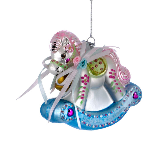 Glass Rocking Horse Ornament for Baby's 1st Christmas in Pink & Blue