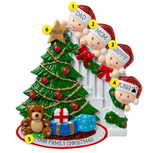 Christmas Morning Family of 4 Personalized Ornament For Tree