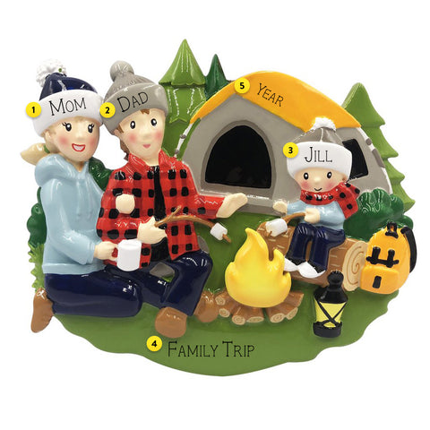Camping Family of 3 Ornament Personalized for free