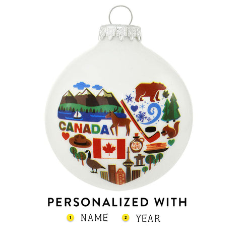 Canada Christmas Ornament with flag, bears, maple syrup and hockey Glass personalized