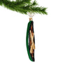 Green Canoe Ornament hanging by a gold swirl hook