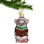 Glass ornament of christmas mouse singing hanging by a gold hook