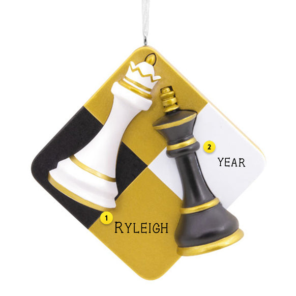 Chess Ornament with pieces on a gold, white and black chessboard Personalized Ornament 