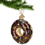 Chocolate Frosted Donut With Sprinkles Glass Ornament hanging from a gold swirl hook