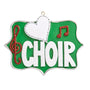 Christmas Ornament with green background, red music notes the word choir and a heart to be personalized with a name and dated with the year