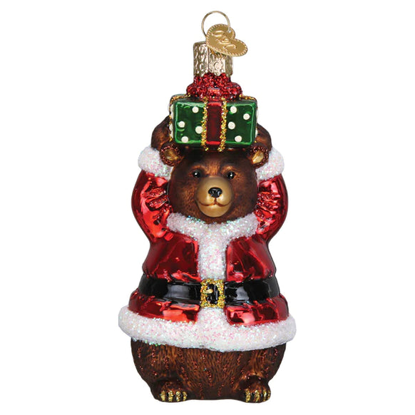 Bear dressed in Christmas Outfit with Present  Glass