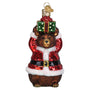 Bear dressed in Christmas Outfit with Present  Glass