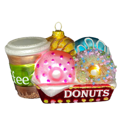 Coffee And Donuts Christmas Ornament with donuts in a red tray with the word Donuts and a travel coffee cup with word coffee on the side.