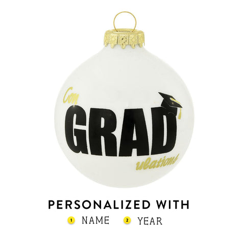 ConGRADulations Graduation Ornament Round glass Christmas ornament with the word GRAD topped with a graduation cap