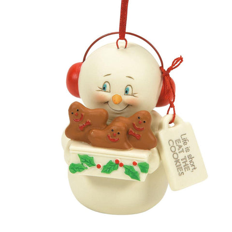 Snowpinions Ornament with Gingerbread cookies and tag that says Life is Short, Eat the Cookies