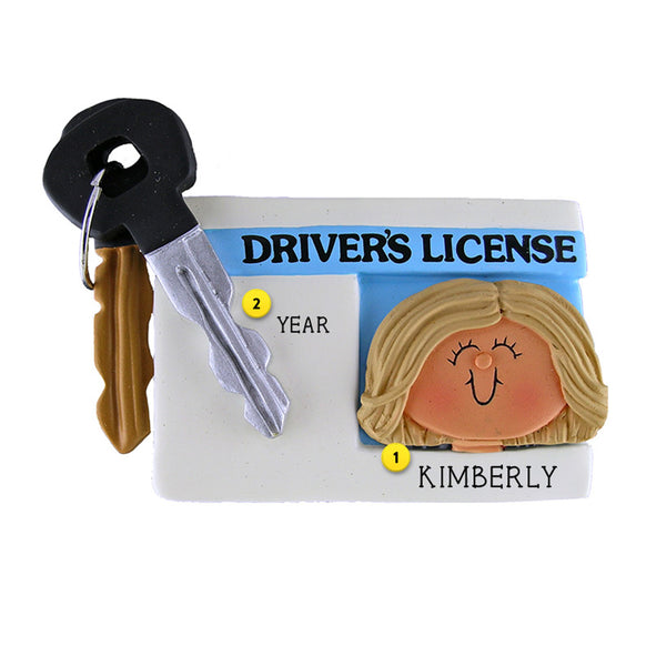 Driver's License Ornament - White Female, Blond Hair for Christmas Tree