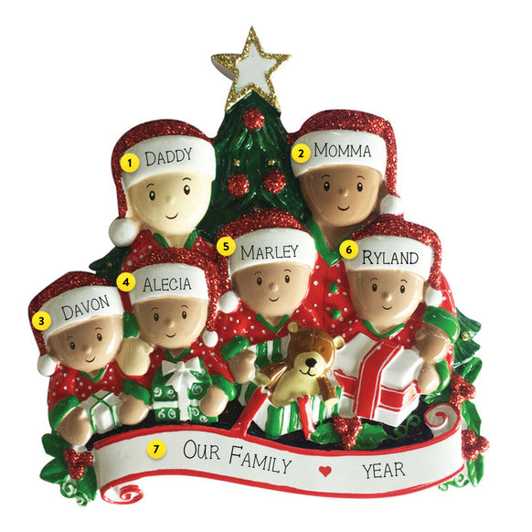 Interracial Family of 6 opening presents ornament