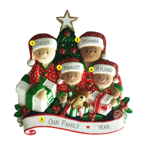 Personalized Interracial Family of 4 Opening Presents Ornament