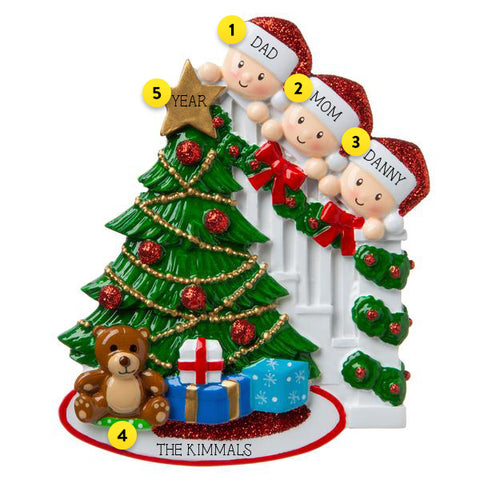 Christmas Morning Family of 3 Personalized Ornament