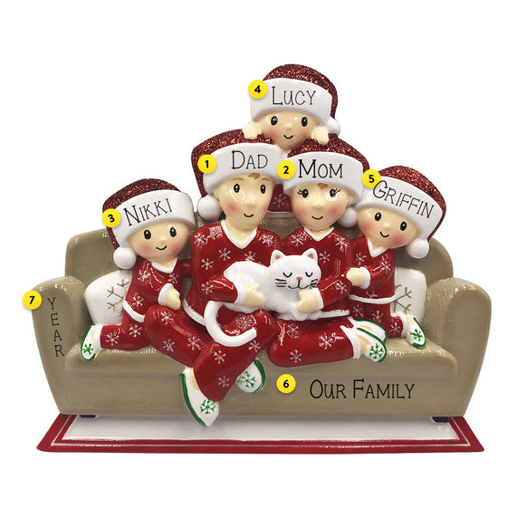 Family of 5 with cat Christmas Ornamentt