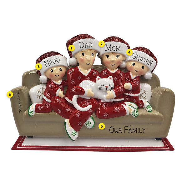 Family of Four with Cat Ornament Personalized