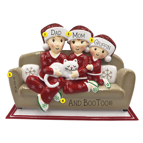 Family of 3 with Cat Christmas Ornament