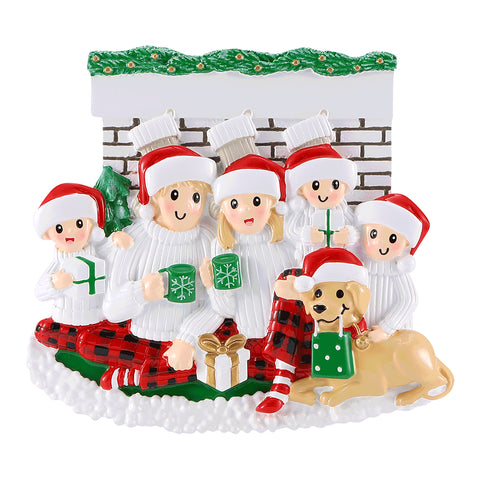 Personalized Fireplace Family of 5 with Dog Ornament