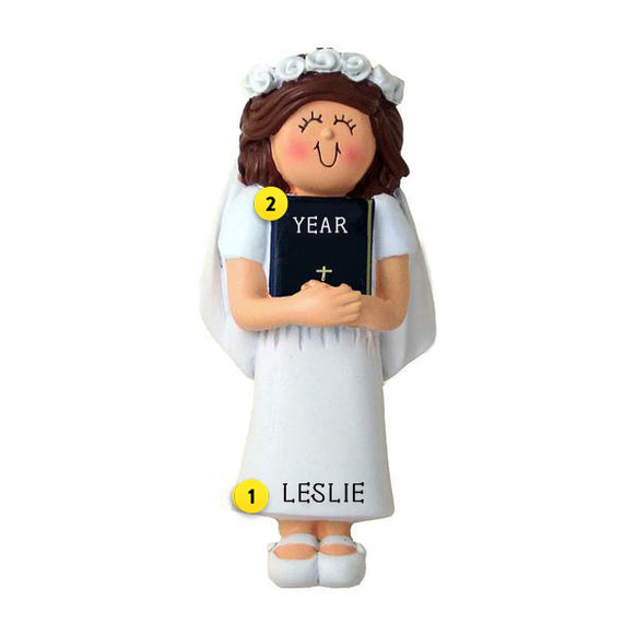 First Communion Ornament - Female, Brown Hair for Christmas Tree