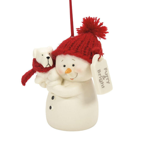 Department 56 Snowpinions ornament with a puppy and tag saying Furry & Bright