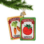 Glass Christmas Ornament that looks like Carrot and Tomato Seed packs
