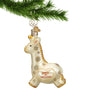 Baby's 1st Christmas Giraffe Ornament Blown Glass hanging by a gold swirl hook on a Christmas tree branch 