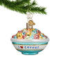 Cereal Bowl Glass Ornament hanging by a gold swirl hook from Christmas tree branch