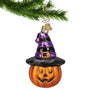 Glass Carved Pumpkin Ornament Wearing a Witch Hat hanging from a gold swirl hook