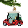 Glass Christmas Ornament Red Golf Cart hanging from gold swirl hanger