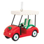 Golf Cart Ornament Red Car with White top and Green and white striped seat with a Christmas wreath on front