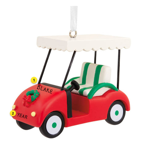 Personalized Golf Cart Ornament with a wreath on front
