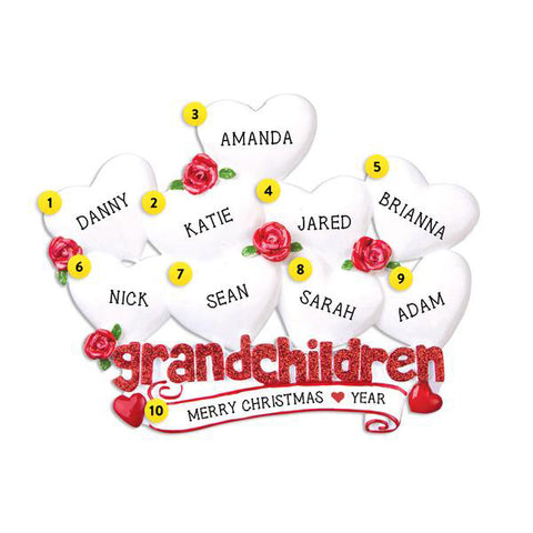 Personalized Grandchildren Ornament with 9 Hearts