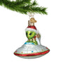Little Green Alien in a flying saucer glass Christmas Ornament 