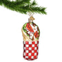 Glass Christmas Ornament Gyro Wrap in red and white checked paper wrapper with meat, lettuce, tomato, onion and tzatziki sauce showing