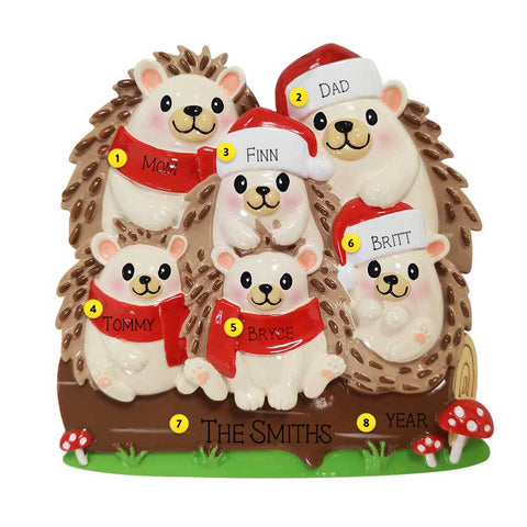 Hedgehog Family of six Christmas ornament personalized