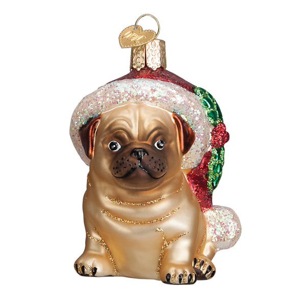 Holly Hat Pug Ornament for Christmas Tree