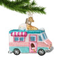Glass Christmas Ornament of an Ice Cream Truck in pastel colors hanging from a gold swirl hanger