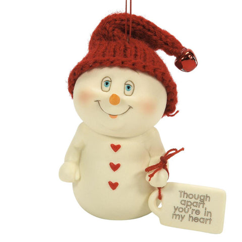 Snowpinions Ornament with heart buttons and tag that says Though Apart You're in My Heart