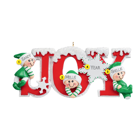 Joy Family of 3 resin ornament can be personalized for the Christmas tree