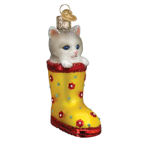 Grey and White Kitten In yellow and red rain boot 